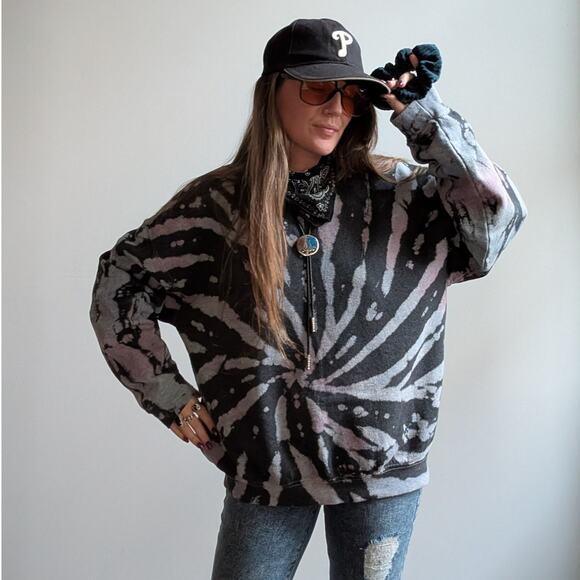 Vintage Black Custom Bleach Sweatshirt Distressed Tie Dye Festival Sweater Large - Picture 2 of 8